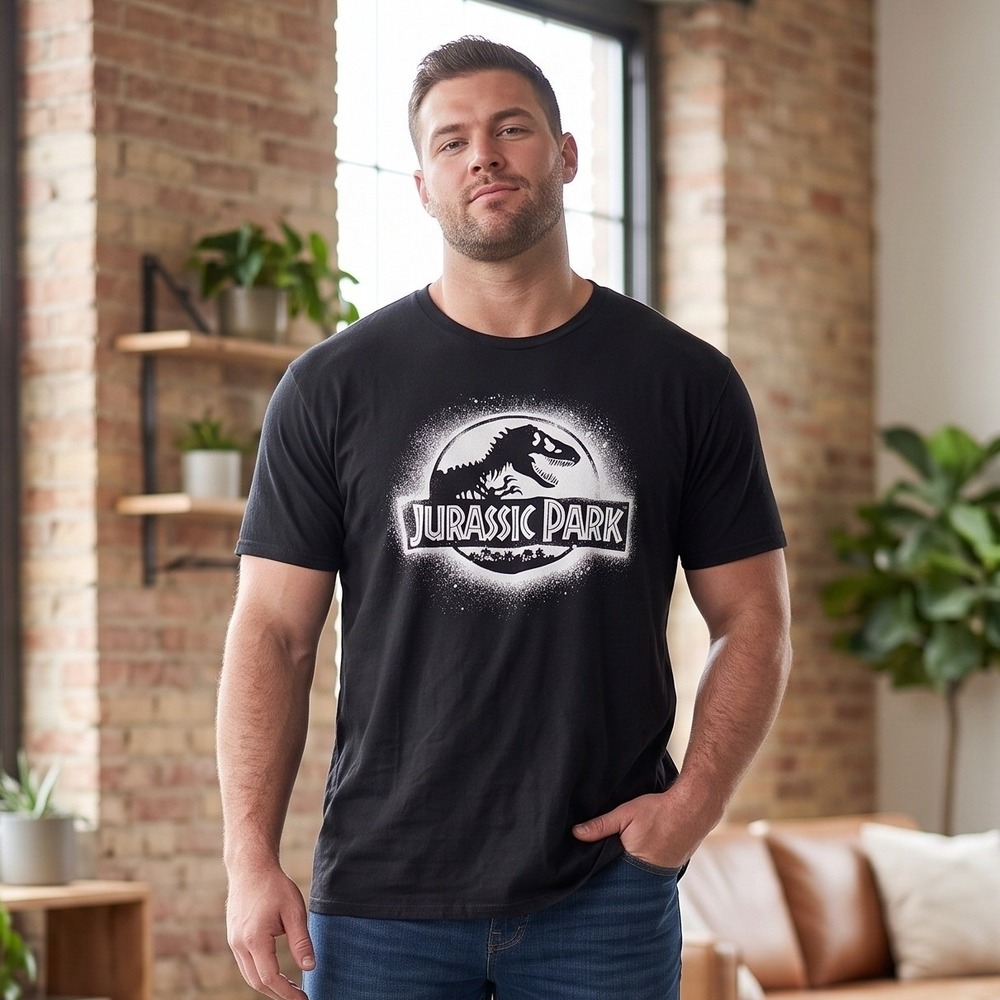 Jurassic World Men XL Black T-Shirt‎ Jurassic Park Logo Graphic Short Sleeve